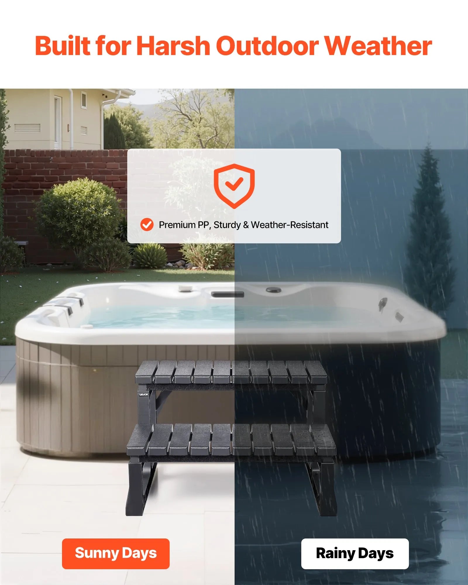 VEVOR karstā baseina pakāpieni, 2 pakāpienu āra SPA kāpnes, pastiprinātas PP kāpnes virszemes un piepūšamiem baseiniem, platums 599,5 mm, kravnesība līdz 145,2 kg, daudzfunkcionālas lietošanai uz lieveņa, terases, klāja un kemperos, melnas