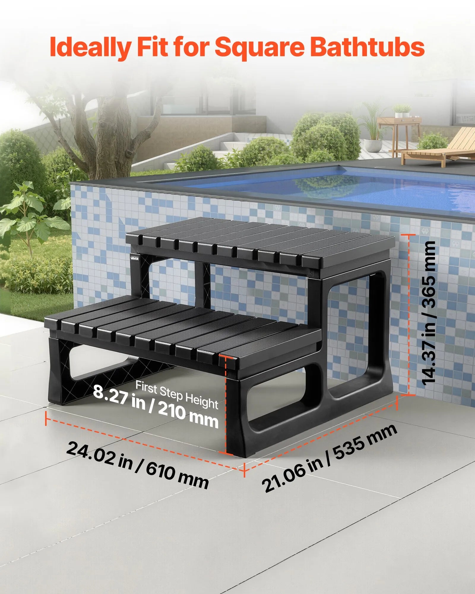 VEVOR karstā baseina pakāpieni, 2 pakāpienu āra SPA kāpnes, pastiprinātas PP kāpnes virszemes un piepūšamiem baseiniem, platums 599,5 mm, kravnesība līdz 145,2 kg, daudzfunkcionālas lietošanai uz lieveņa, terases, klāja un kemperos, melnas