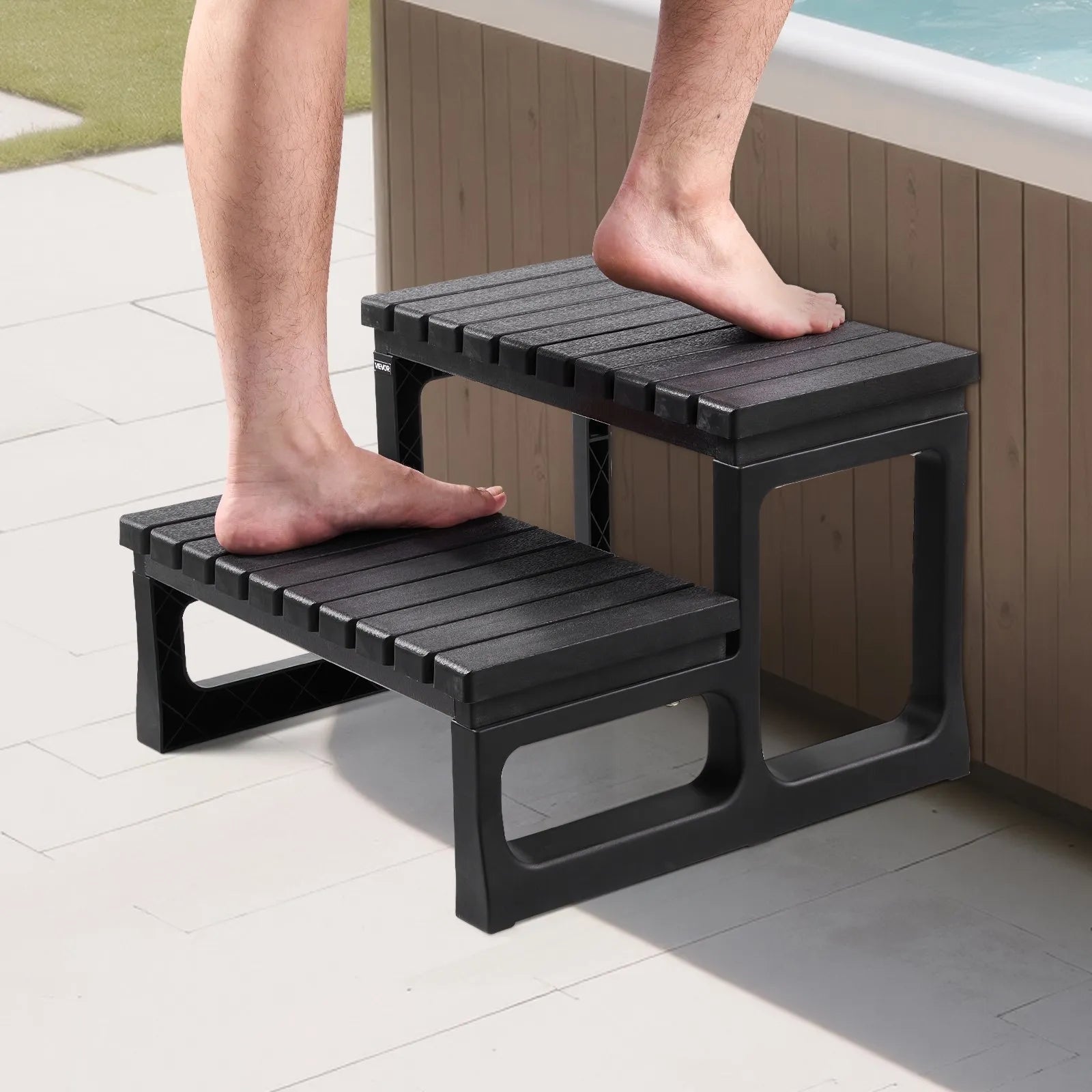 VEVOR karstā baseina pakāpieni, 2 pakāpienu āra SPA kāpnes, pastiprinātas PP kāpnes virszemes un piepūšamiem baseiniem, platums 599,5 mm, kravnesība līdz 145,2 kg, daudzfunkcionālas lietošanai uz lieveņa, terases, klāja un kemperos, melnas