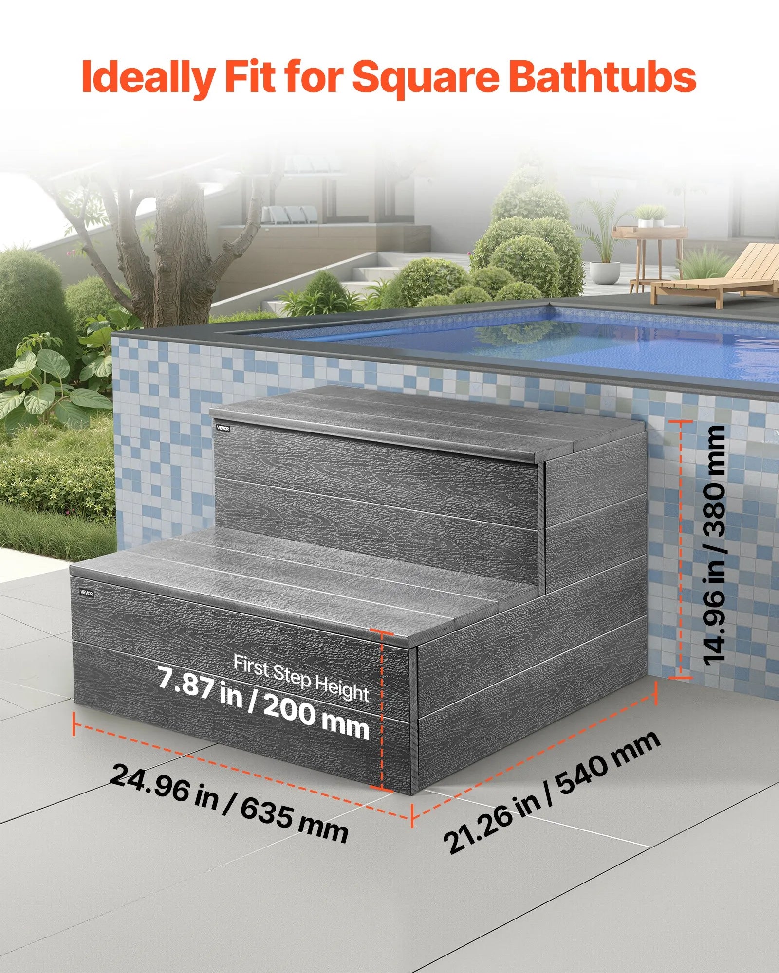 VEVOR burbuļvannas pakāpieni, 2 pakāpieni, ārējie spa kāpnes, pastiprinātas 635 mm platas HIPS kāpnes virszemes / piepūšamiem baseiniem ar 272,2 kg slodzes kapacitāti, daudzfunkcionālas terasēm, klājiem, kemperiem, grafīta pelēkā krāsā