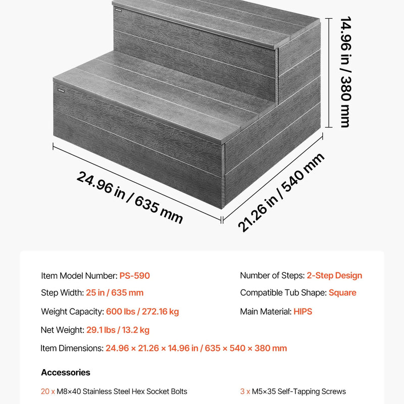VEVOR burbuļvannas pakāpieni, 2 pakāpieni, ārējie spa kāpnes, pastiprinātas 635 mm platas HIPS kāpnes virszemes / piepūšamiem baseiniem ar 272,2 kg slodzes kapacitāti, daudzfunkcionālas terasēm, klājiem, kemperiem, grafīta pelēkā krāsā
