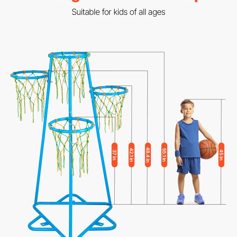 VEVOR Bērnu basketbola statīvs ar 4 groziem, pārnēsājams ar regulējamu augstumu un 3 bumbām, iekštelpām un ārtelpām, piemērots dažāda vecuma bērniem