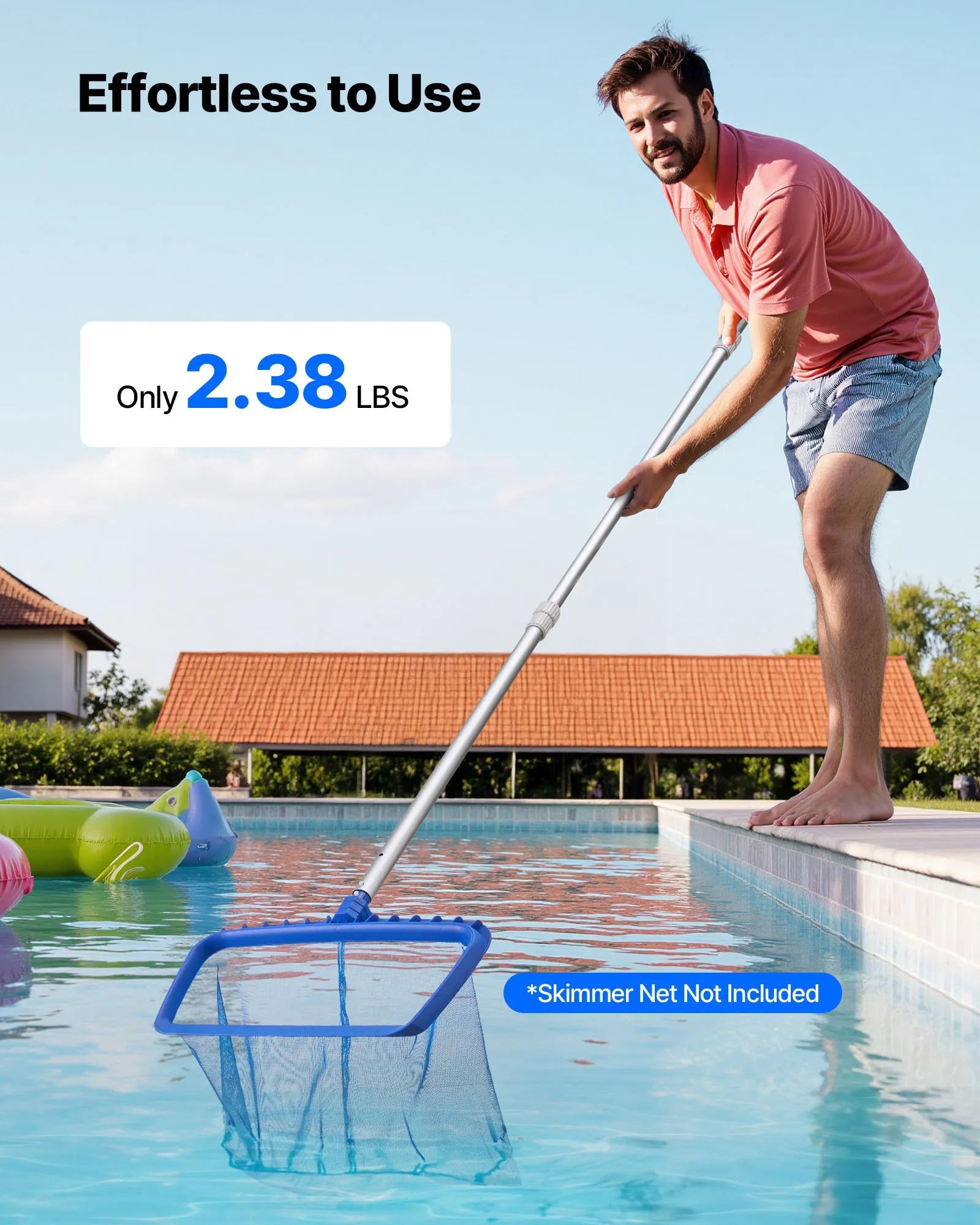 VEVOR Teleskopiskais baseina kāts 1–4,6 m, profesionāls regulējams tīrīšanas kāts ar 2 pagarinājuma sekcijām, pastiprināts turētājs tīkliņam, birstei un putekļsūcēja uzgalim