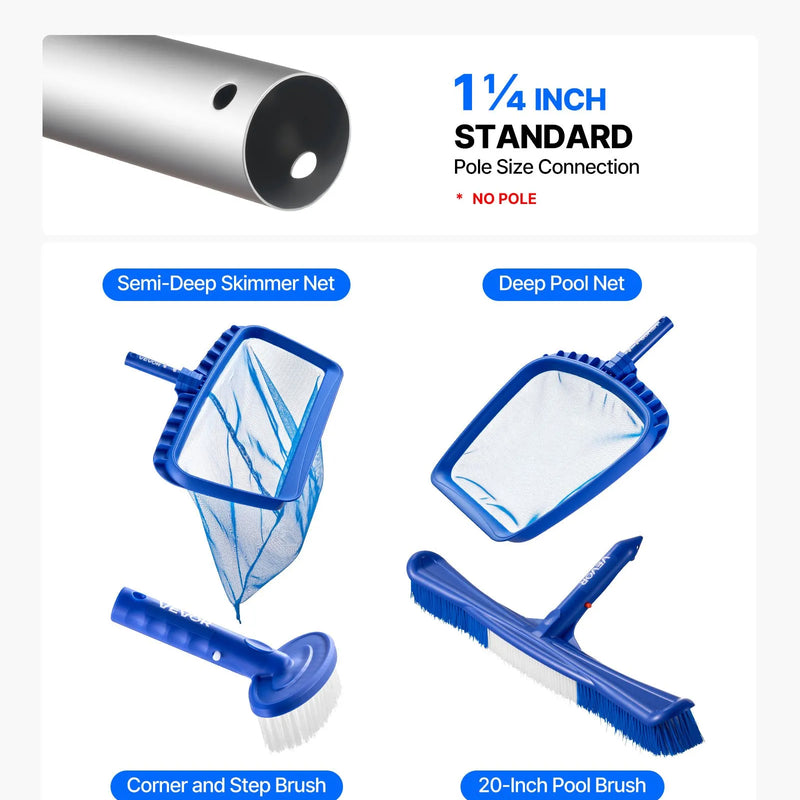VEVOR Peldbaseina tīrīšanas komplekts, 4 vienā, ar 2 noņemamām birstēm (508 mm / 139,7 mm) un 2 baseina tīkliem, paredzēts iebūvējamo un virszemes baseinu tīrīšanai, bez kātiem