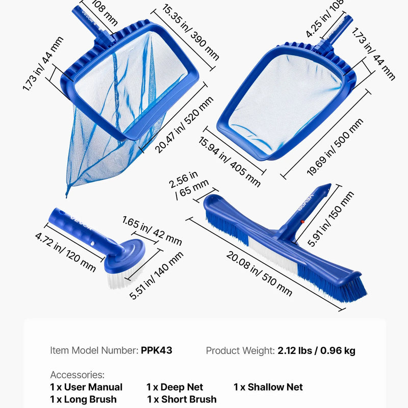 VEVOR Peldbaseina tīrīšanas komplekts, 4 vienā, ar 2 noņemamām birstēm (508 mm / 139,7 mm) un 2 baseina tīkliem, paredzēts iebūvējamo un virszemes baseinu tīrīšanai, bez kātiem