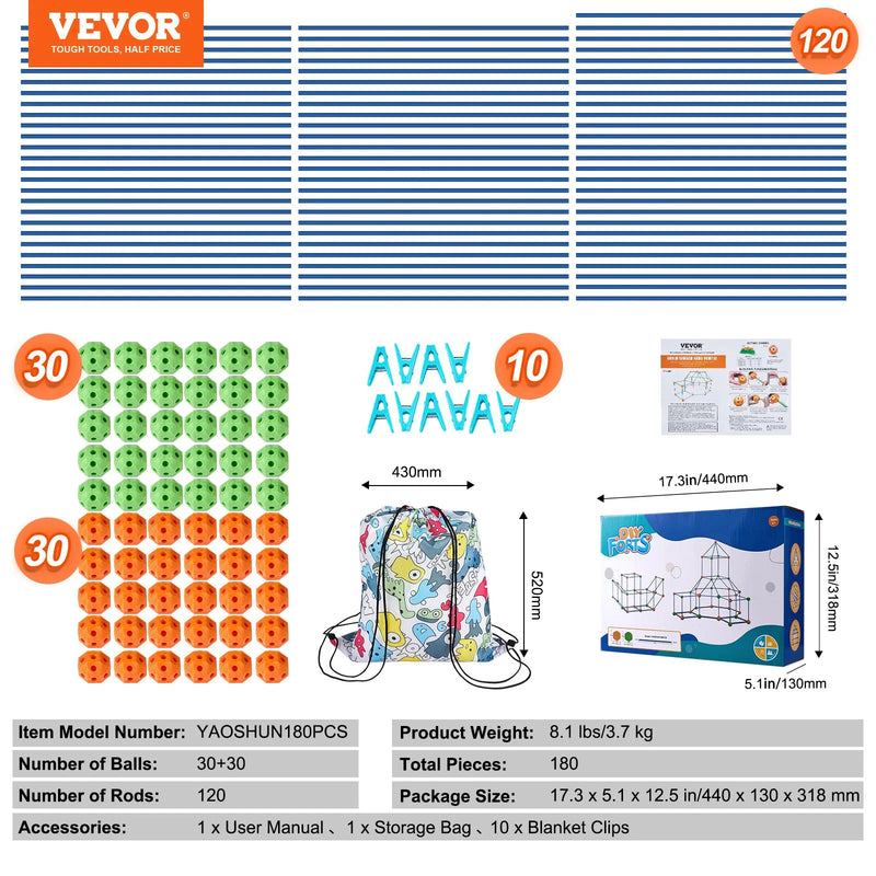 VEVOR Bērnu forta būvēšanas komplekts, 180 gab. STEM konstrukcijas rotaļlieta bērniem no 4–8+ gadiem, iekštelpu un āra rotaļu telts veidošanas komplekts ar 120 stieņiem un 60 savienojuma bumbiņām