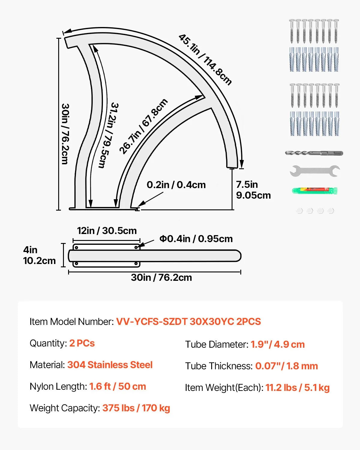 VEVOR baseina kāpņu margas 2 gab., 762 × 762 mm, nerūsējošā tērauda margas ar ātrās montāžas pamatplāksni, maksimālā slodze 170 kg, komplektā pilns stiprinājumu piederumu komplekts