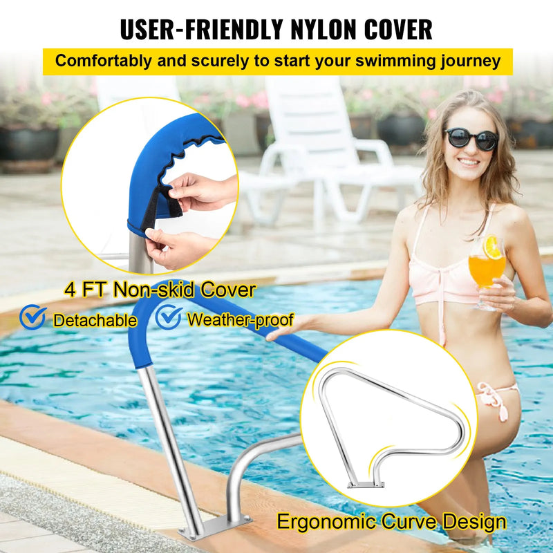 VEVOR baseina margas 99 × 81 cm, 304. klases nerūsējošā tērauda drošības margas peldbaseinam ar 113 kg kravnesību, sudrabainas, rūsas izturīgas, ar zilu satvēriena pārvalku, M8 urbja uzgali un pašurbjošām skrūvēm