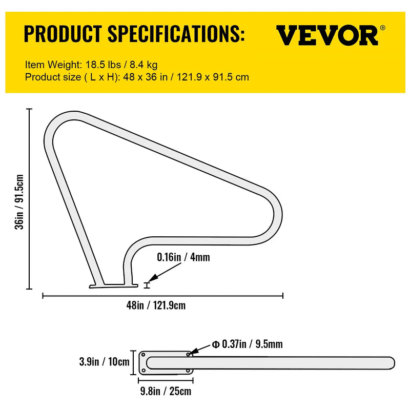 VEVOR baseina margas 122 × 91 cm, nerūsējošais tērauds 304, kravnesība līdz 113 kg, sudraba krāsā, izturīgas pret rūsu, baseina rokturis ar zilu satvēriena pārklājumu, komplektā M8 urbjmašīnas uzgalis un pašurbjošās skrūves
