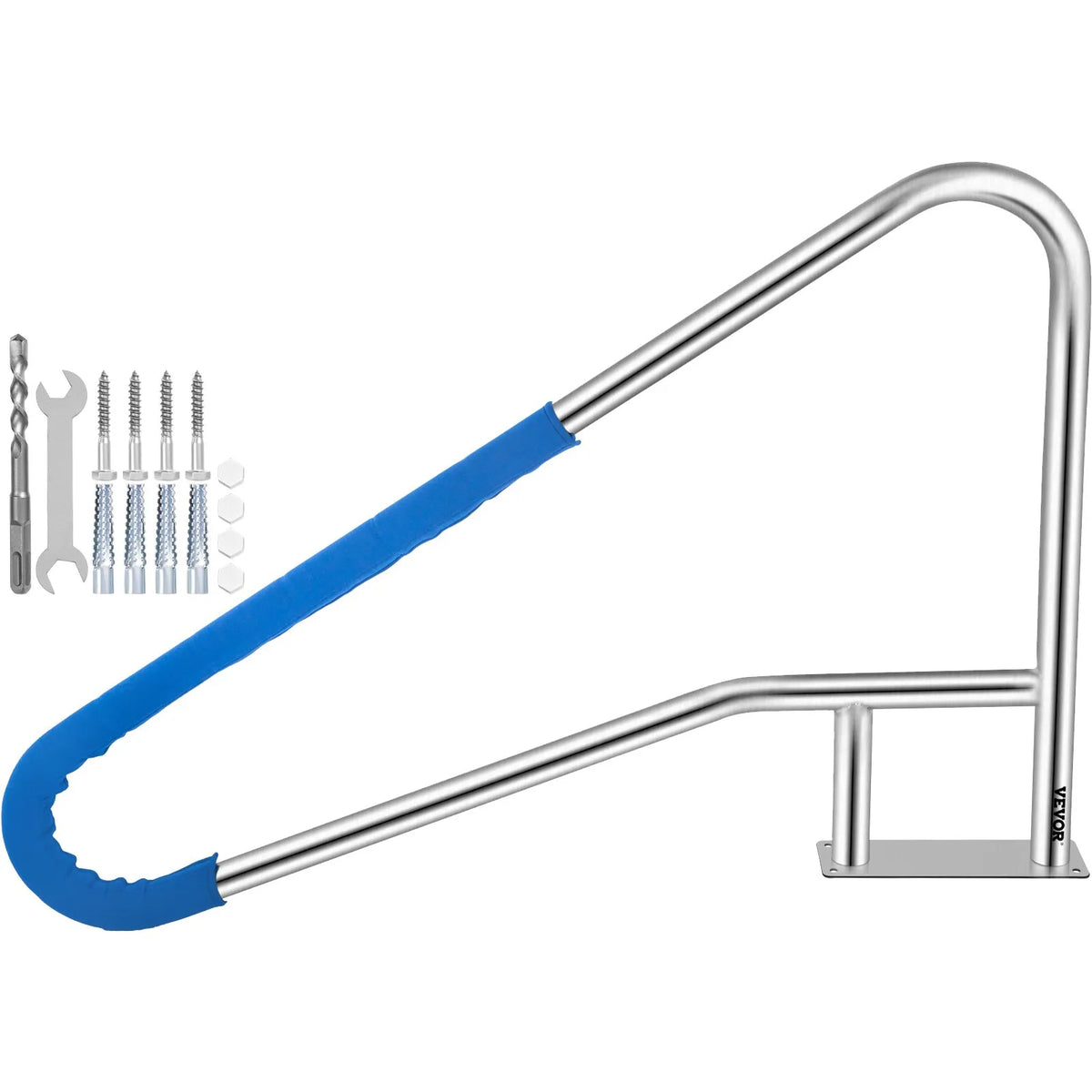 VEVOR baseina margas 137,2 × 91,4 cm, 304 nerūsējošā tērauda peldbaseina margas ar nestspēju līdz 113 kg, sudrabotas, pret rūsu noturīgas, ergonomiskas baseina margas ar zilu roktura pārklājumu, M8 urbja uzgali un pašvītņojošām skrūvēm