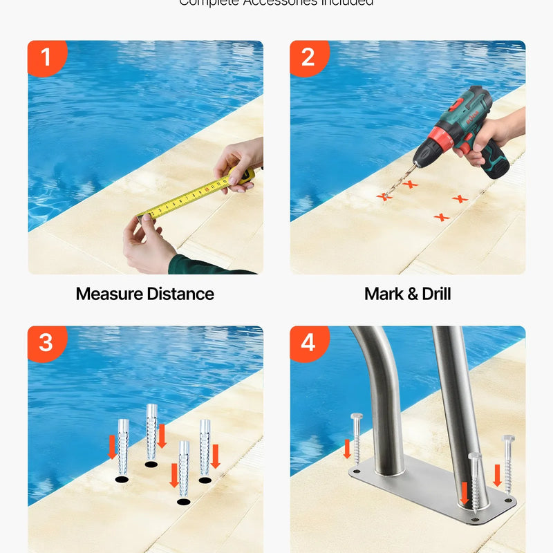 VEVOR baseina margas 78,8 × 55,8 cm, pastiprinātas 304 nerūsējošā tērauda peldbaseina margas ar nestspēju līdz 100 kg, noņemams neslīdošs roktura pārvalks, bagātīgs piederumu komplekts lietošanai pie baseina, akvaparkos un spa centros