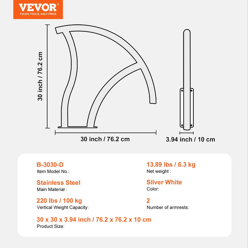 VEVOR baseina margas 2 gab., 76,2 × 76,2 cm, nerūsējošā tērauda drošības margas ar pamatplāksni iekštelpu un āra baseiniem, baseina drošības margas klājiem, pret rūsu noturīgs satvēriena stienis ar roktura pārklājumu un piederumiem spa zonām