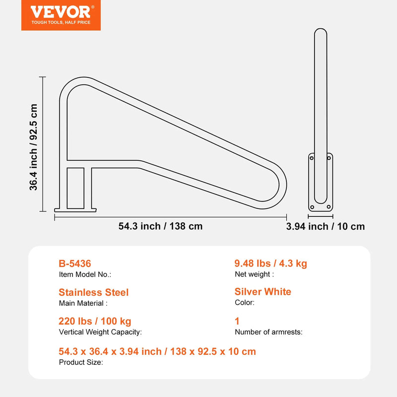 VEVOR baseina margas 1379 × 925 × 100 mm, nerūsējošā tērauda drošības margas ar pamatplāksni iekštelpu un āra baseiniem, baseina drošības margas klājiem, pret rūsu noturīgs satvēriena stienis ar roktura pārklājumu un piederumiem spa zonām