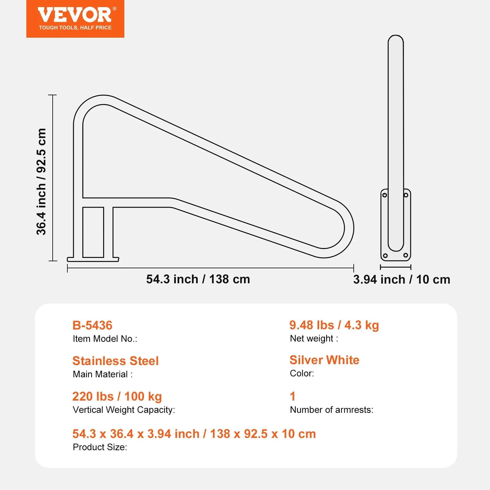 VEVOR baseina margas 1379 × 925 × 100 mm, nerūsējošā tērauda drošības margas ar pamatplāksni iekštelpu un āra baseiniem, baseina drošības margas klājiem, pret rūsu noturīgs satvēriena stienis ar roktura pārklājumu un piederumiem spa zonām