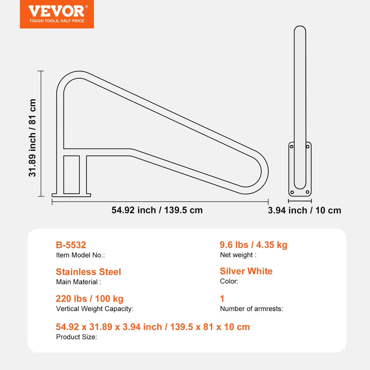 VEVOR baseina margas 139,7 × 81,3 cm, nerūsējošā tērauda drošības margas ar pamatplāksni iekštelpu un āra baseiniem, baseina drošības margas klājiem, pret rūsu noturīgs satvēriena stienis ar roktura pārklājumu un piederumiem spa zonām