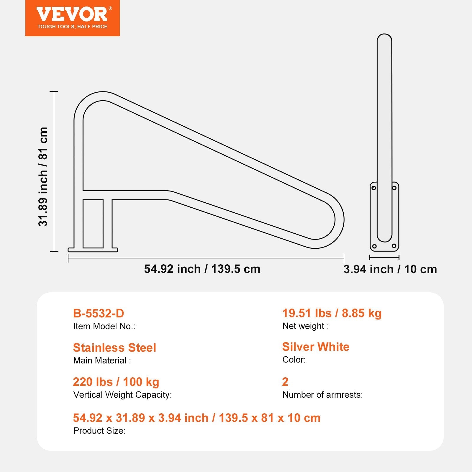 VEVOR baseina margas 2 gab., 140 × 81 cm, nerūsējošā tērauda margas ar pamatplāksni iekštelpu un āra baseiniem, baseina drošības margas klājiem, pret rūsu noturīgs satvēriena stienis ar roktura pārklājumu un piederumiem spa zonām