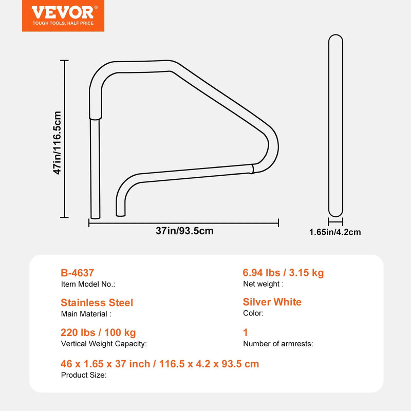 VEVOR baseina margas 117 × 94 cm, nerūsējošā tērauda (iepriekš samontētas) margas iekštelpu un āra baseiniem, baseina drošības margas klājiem, pret rūsu noturīgs satvēriena stienis ar zilu roktura pārklājumu un piederumiem spa zonām