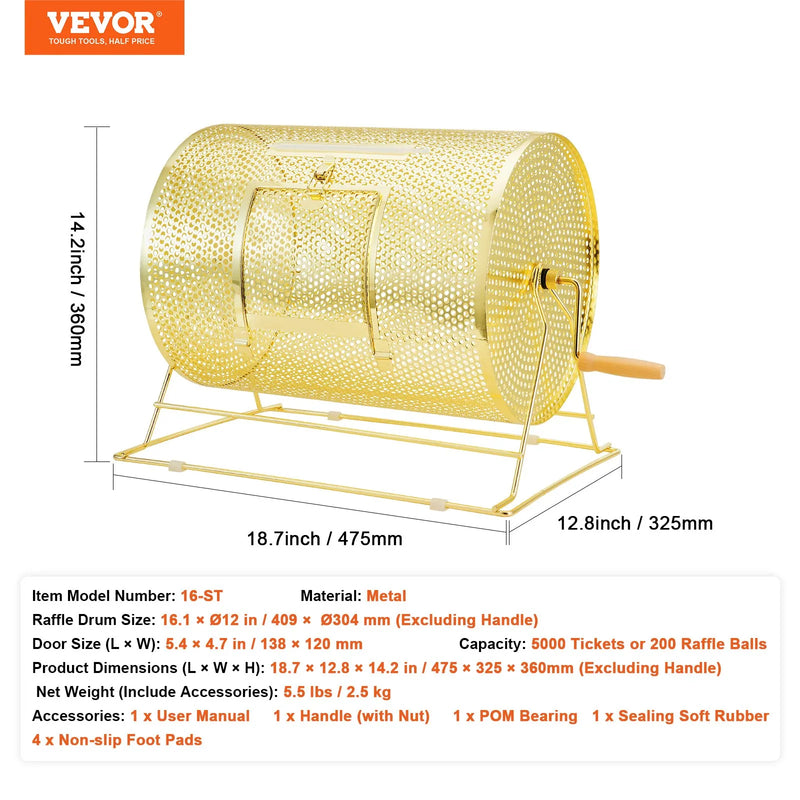 VEVOR misiņa pārklājuma loterijas bungas 409 × Ø305 mm, metāla izlozes grozs ar koka rokturi, ietilpība līdz 5000 biļetēm vai 200 pingponga bumbiņām, piemērots bingo un balsošanai