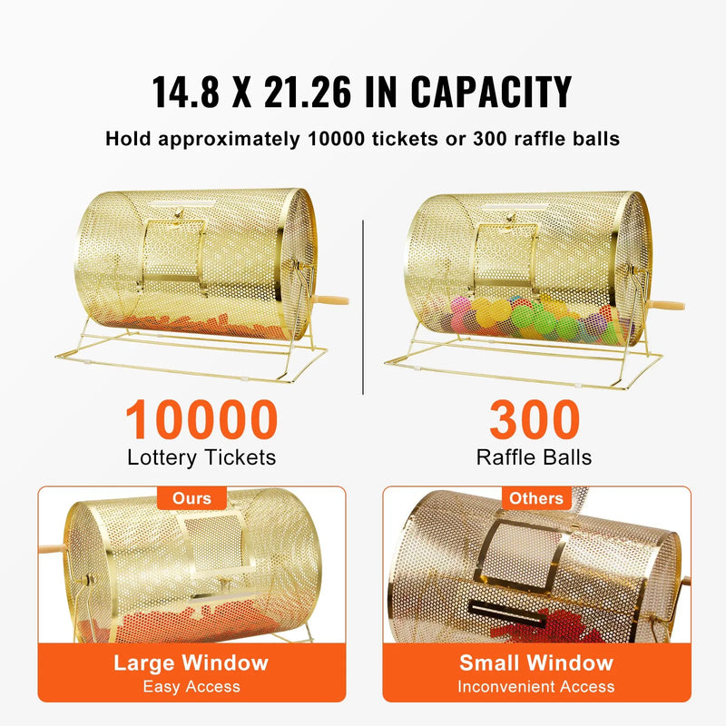VEVOR misiņa pārklājuma loterijas bungas 376 × Ø540 mm, metāla izlozes grozs ar koka rokturi, ietilpība līdz 10000 biļetēm vai 300 pingponga bumbiņām, piemērots bingo un balsošanai