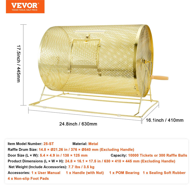 VEVOR misiņa pārklājuma loterijas bungas 376 × Ø540 mm, metāla izlozes grozs ar koka rokturi, ietilpība līdz 10000 biļetēm vai 300 pingponga bumbiņām, piemērots bingo un balsošanai