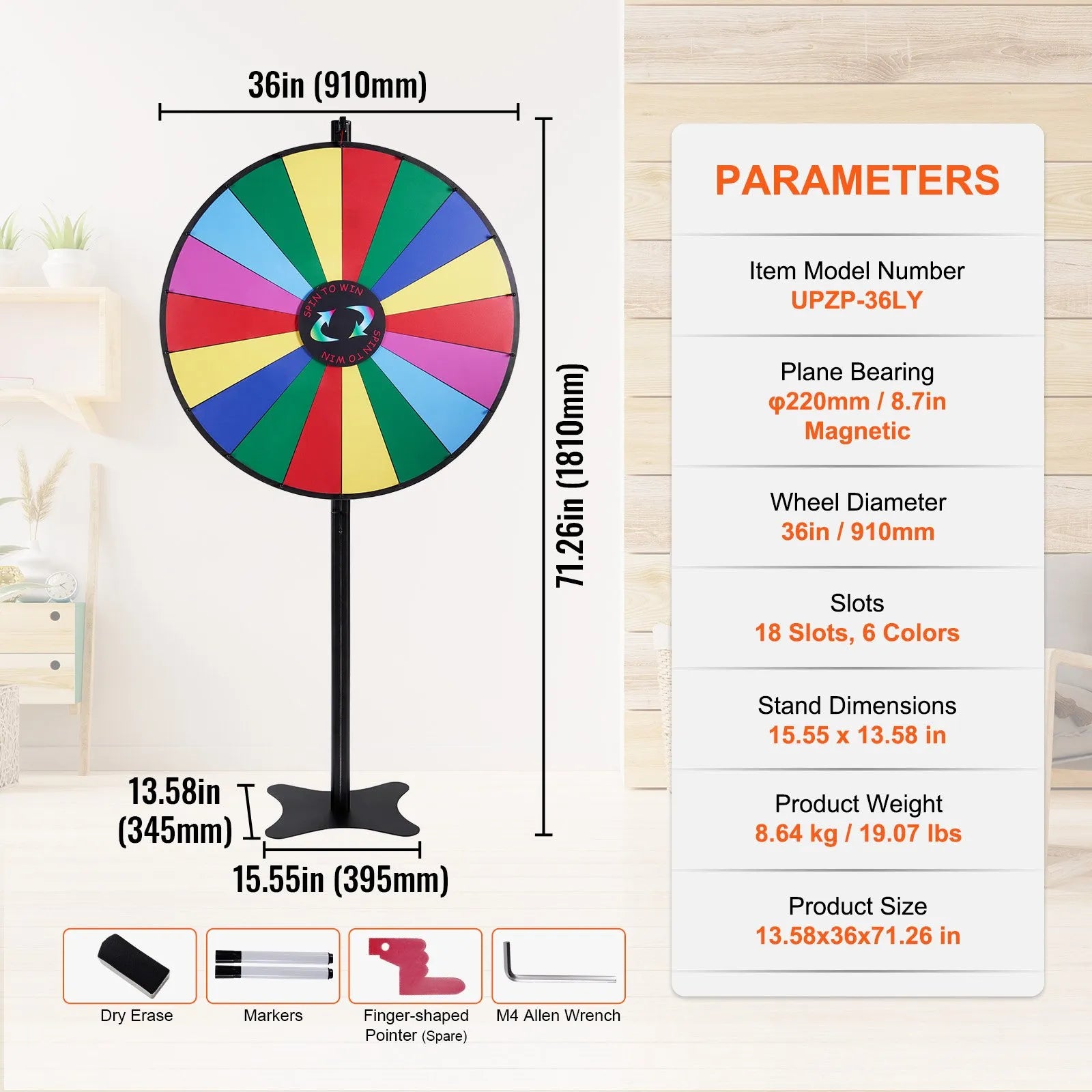 VEVOR Laimes rats 91,4 cm ar 18 sektoriem, dzēšama virsma un 2 marķieri, galda vai grīdas statīvs, piemērots ballītēm, pasākumiem, izstādēm un gadatirgiem