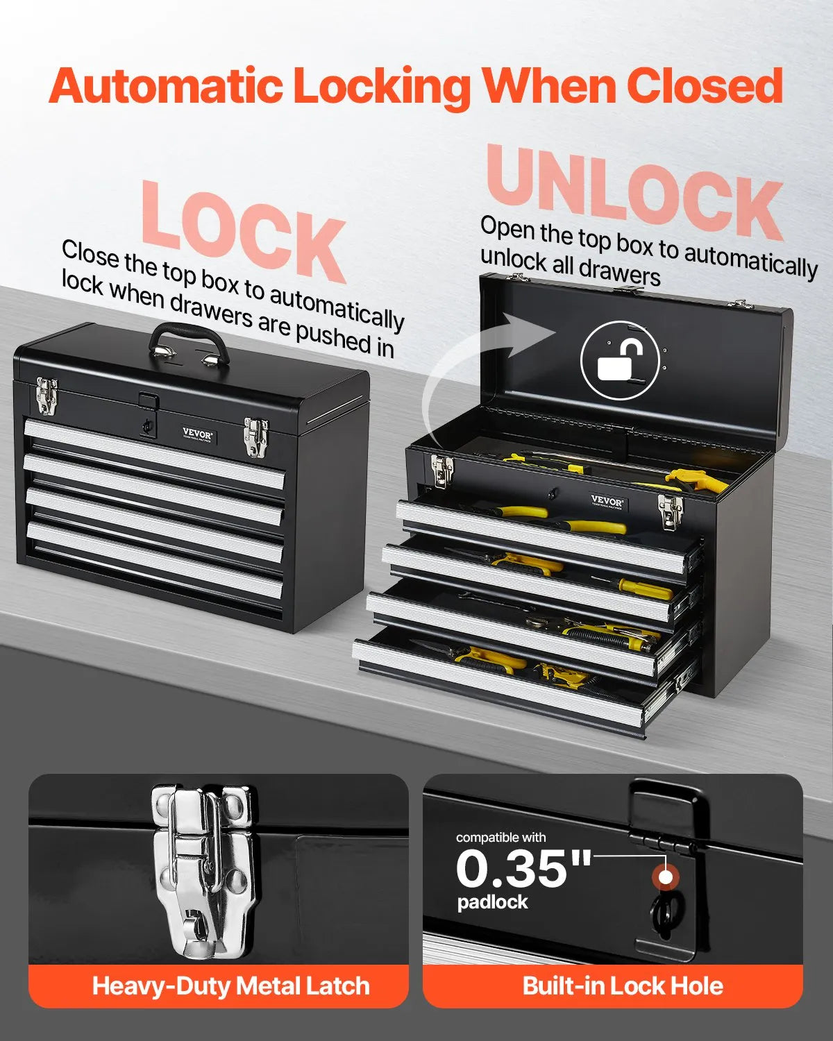 VEVOR metāla instrumentu kaste ar 4 atvilktnēm, 520 mm pārnēsājama instrumentu kaste ar EVA ieliktņiem, lodīšu gultņu sliedēm, slēdzamu un pulverkrāsotu virsmu, daudzfunkcionāls instrumentu organizators