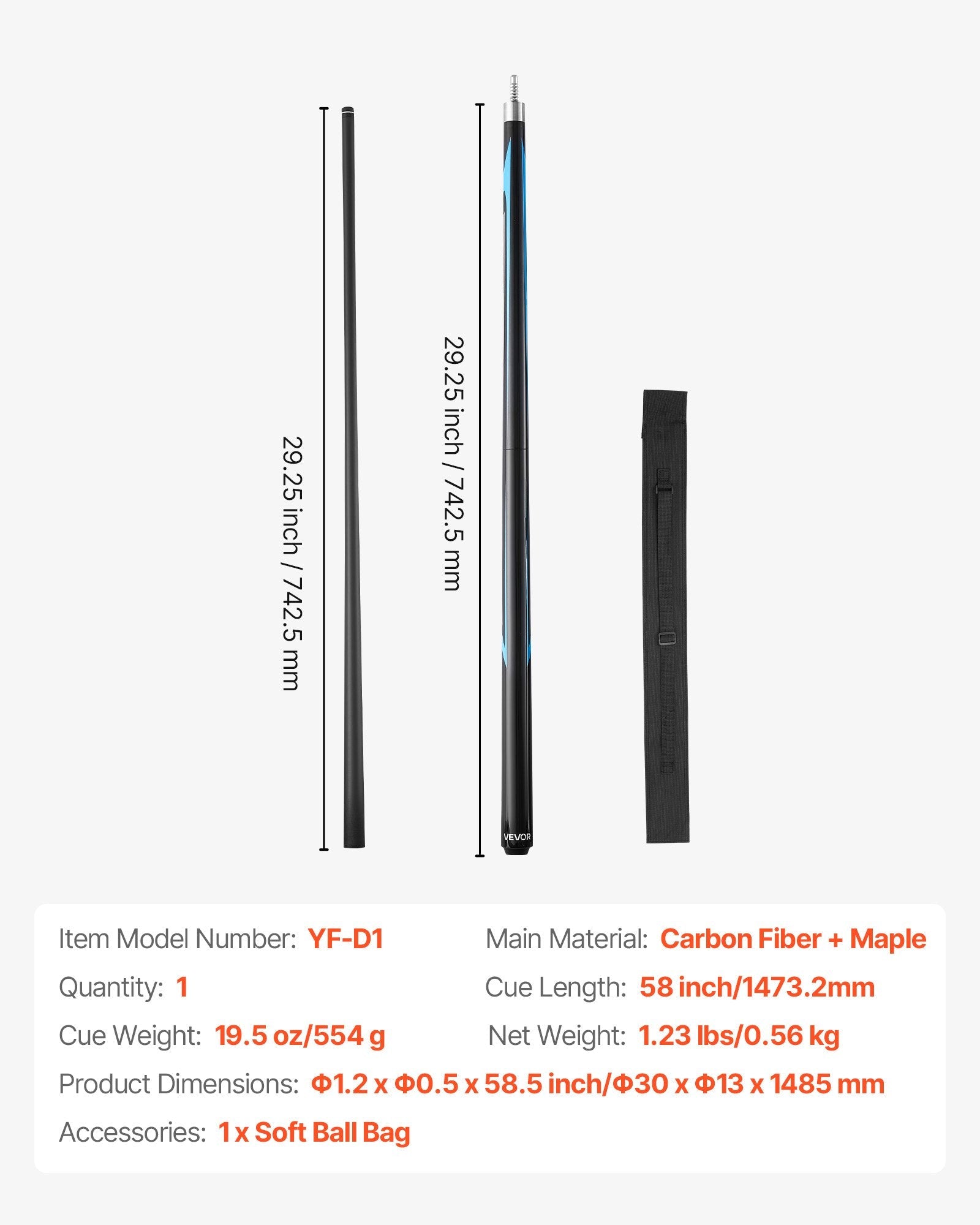 VEVOR viengabala break/jump biljarda kija 1473,2 mm, 554 g smaga kija ar oglekļa šķiedras kātu un kļavas roktura daļu, jaudīgiem sitieniem un lēciena sitieniem, piemērota pieaugušajiem mājai un birojam