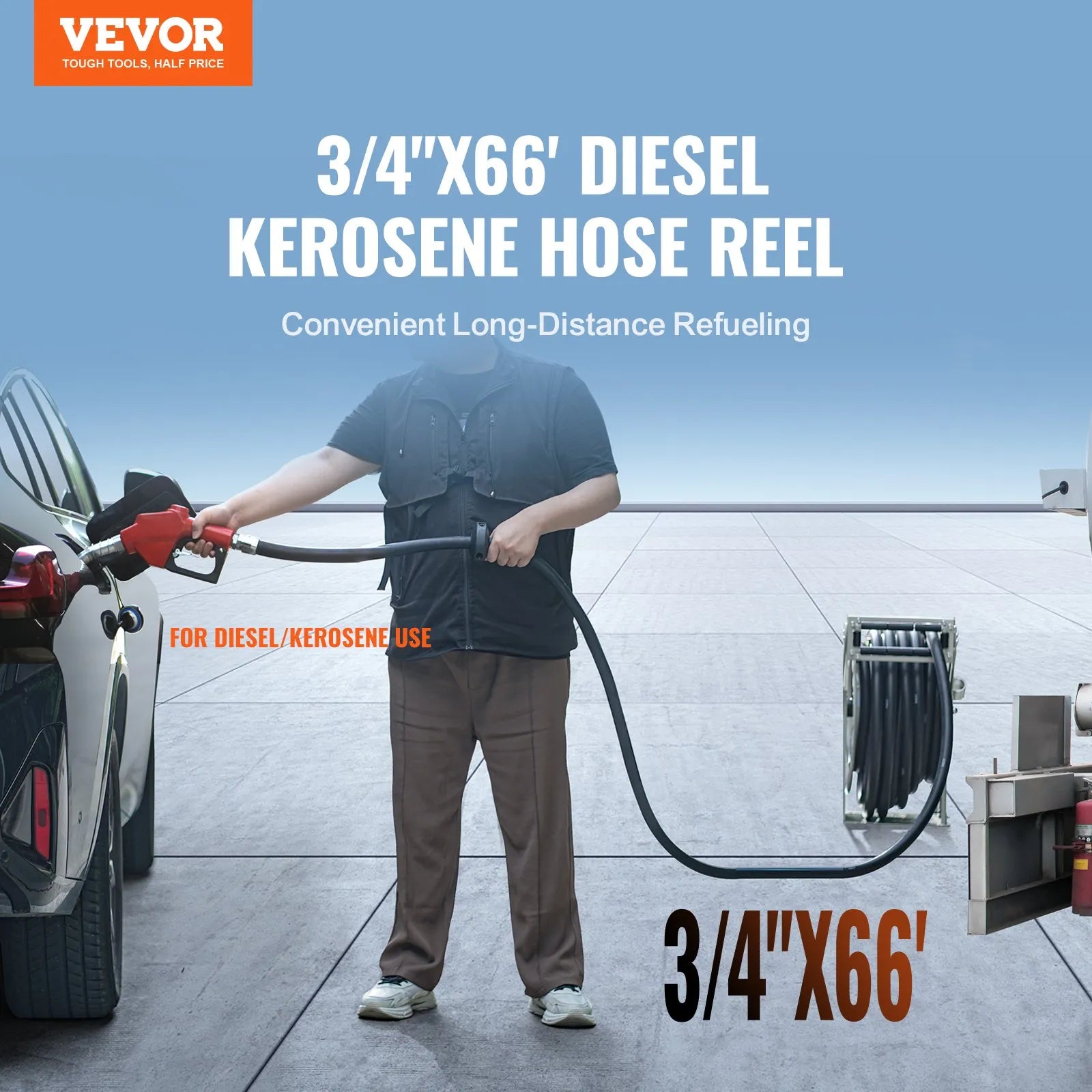 VEVOR degvielas šļūtenes spole 19,05 mm × 20,12 m ar automātisku degvielas pistoli, izvelkama dīzeļdegvielas šļūtene no NBR gumijas, oglekļa tērauda konstrukcija, darba spiediens 20,68 bar, piemērota lidaparātiem, kuģiem, transportlīdzekļiem un cisternām