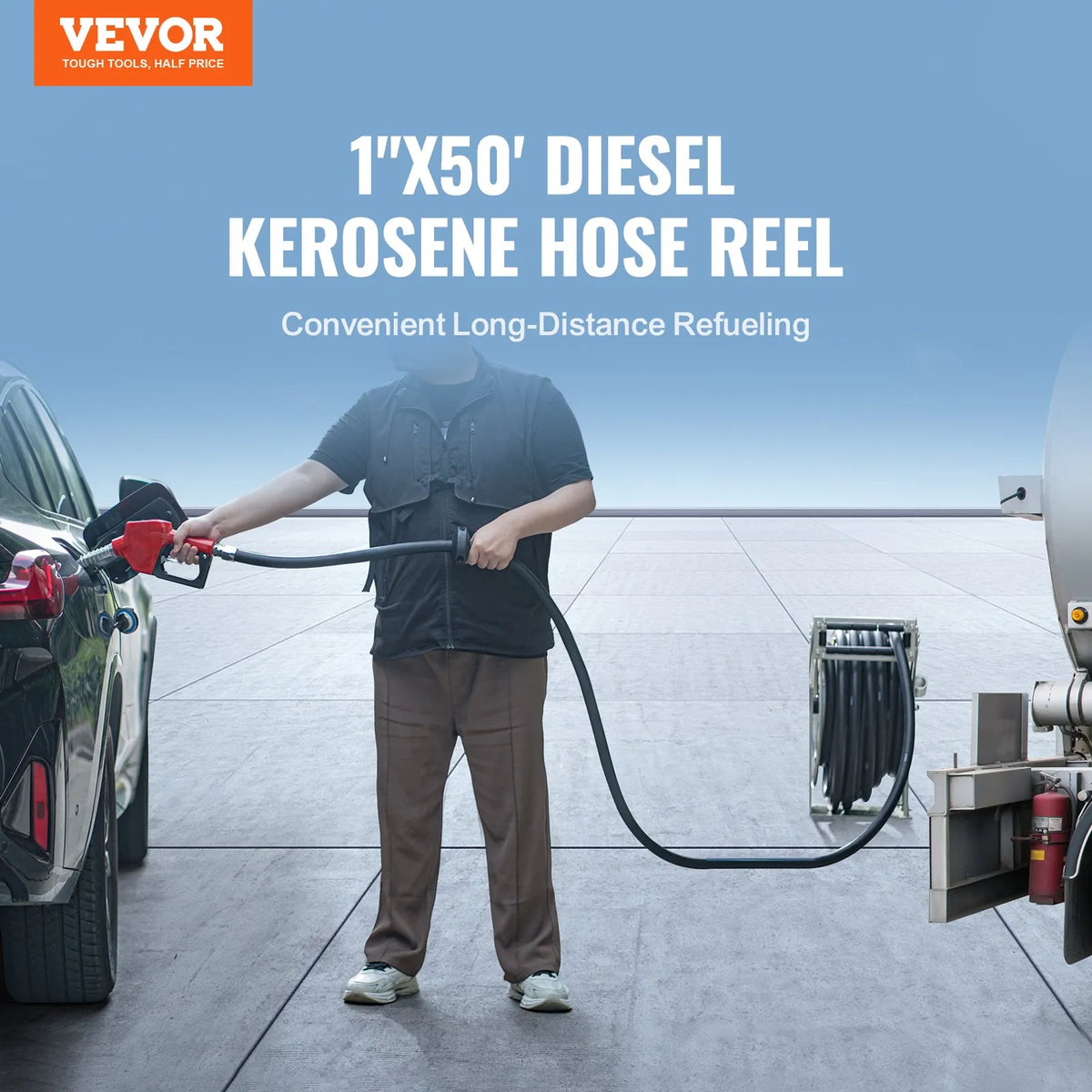 VEVOR degvielas šļūtenes spole 25,4 mm × 15,24 m ar automātisku degvielas pistoli, izvelkama dīzeļdegvielas šļūtene no NBR gumijas, oglekļa tērauda konstrukcija, darba spiediens 20,68 bar, piemērota lidaparātiem, kuģiem, transportlīdzekļiem un cisternām