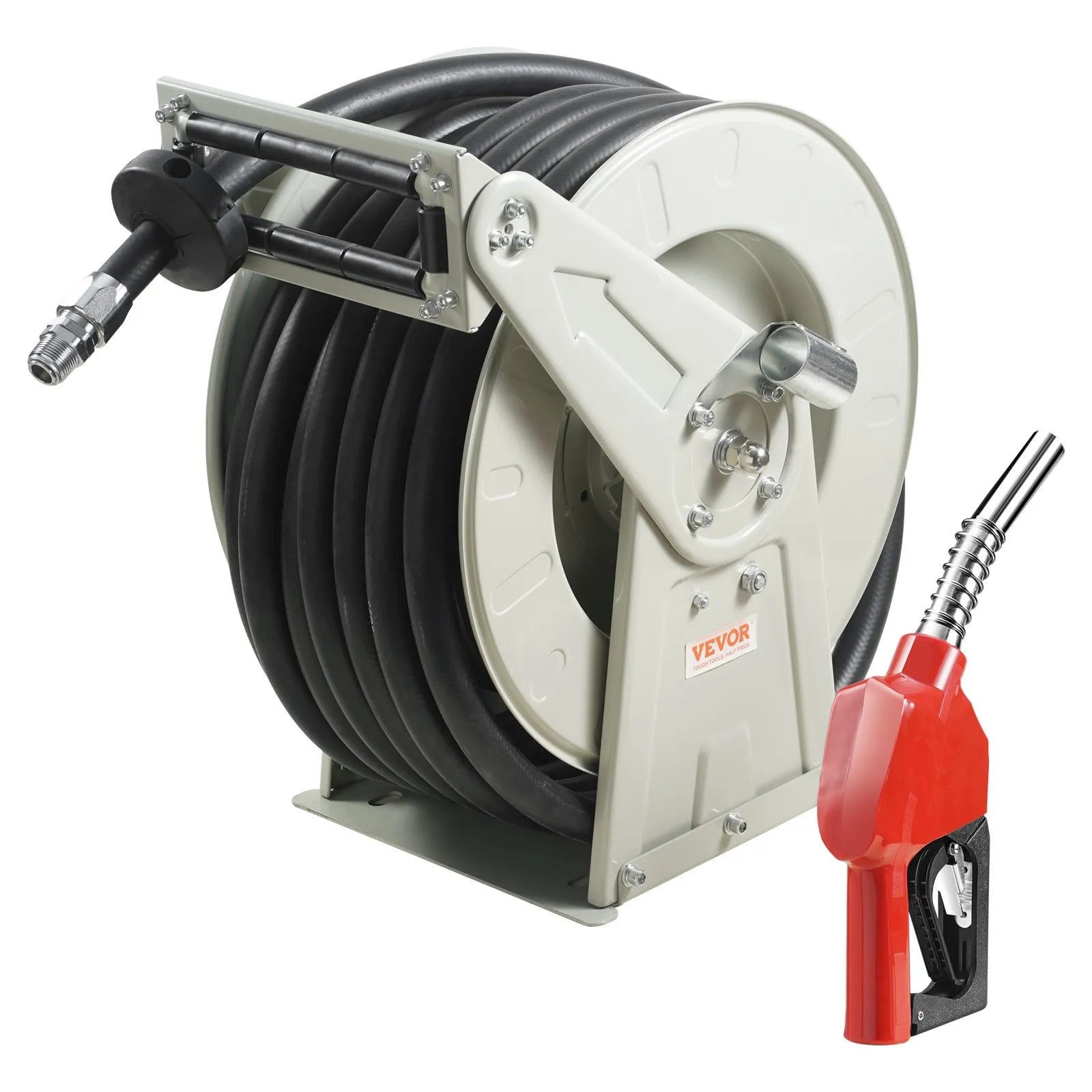 VEVOR degvielas šļūtenes spole 25,4 mm × 15,24 m ar automātisku degvielas pistoli, izvelkama dīzeļdegvielas šļūtene no NBR gumijas, oglekļa tērauda konstrukcija, darba spiediens 20,68 bar, piemērota lidaparātiem, kuģiem, transportlīdzekļiem un cisternām