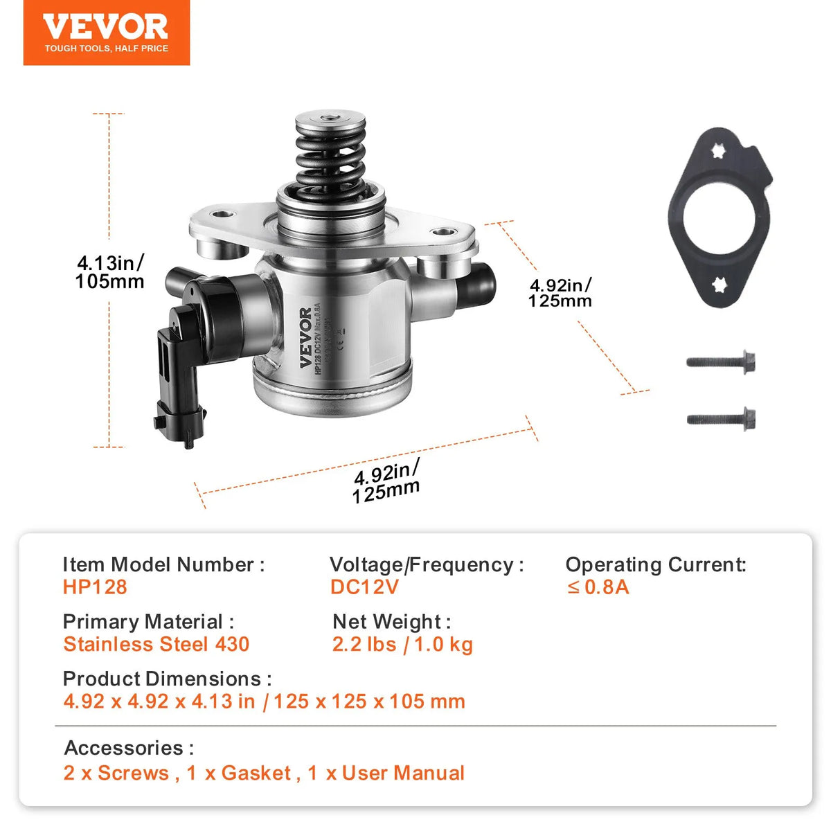 VEVOR augstspiediena degvielas sūknis ar blīvi un skrūvēm Buick LaCrosse, Regal, Verano, Chevrolet Captiva Sport, Equinox, Impala, Malibu, GMC Terrain 2010–2017 2,4 l L4, nerūsējošais tērauds