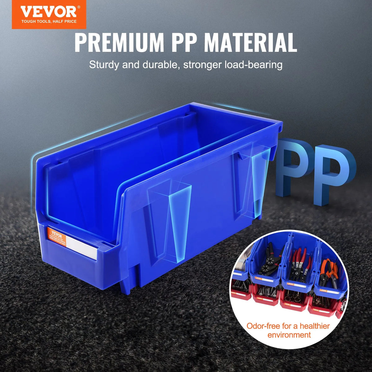 VEVOR plastmasas uzglabāšanas kastes 279 x 127 x 127 mm, piekarināmas un sakraujamas organizēšanas kastes, smagās klases uzglabāšanas konteineri skapim, virtuvei, birojam vai pieliekamajam, 12 gab., zila/sarkana