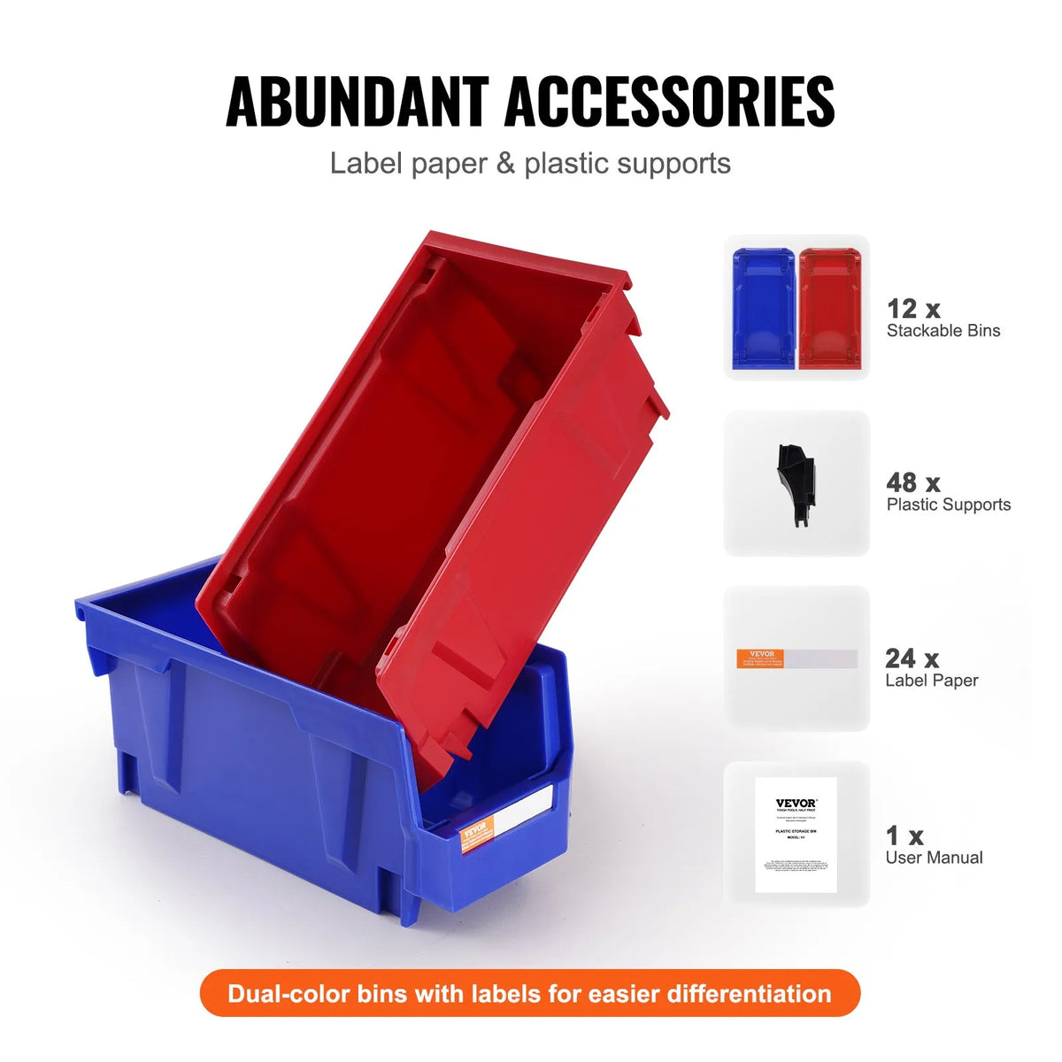 VEVOR plastmasas uzglabāšanas kastes 279 x 127 x 127 mm, piekarināmas un sakraujamas organizēšanas kastes, smagās klases uzglabāšanas konteineri skapim, virtuvei, birojam vai pieliekamajam, 12 gab., zila/sarkana
