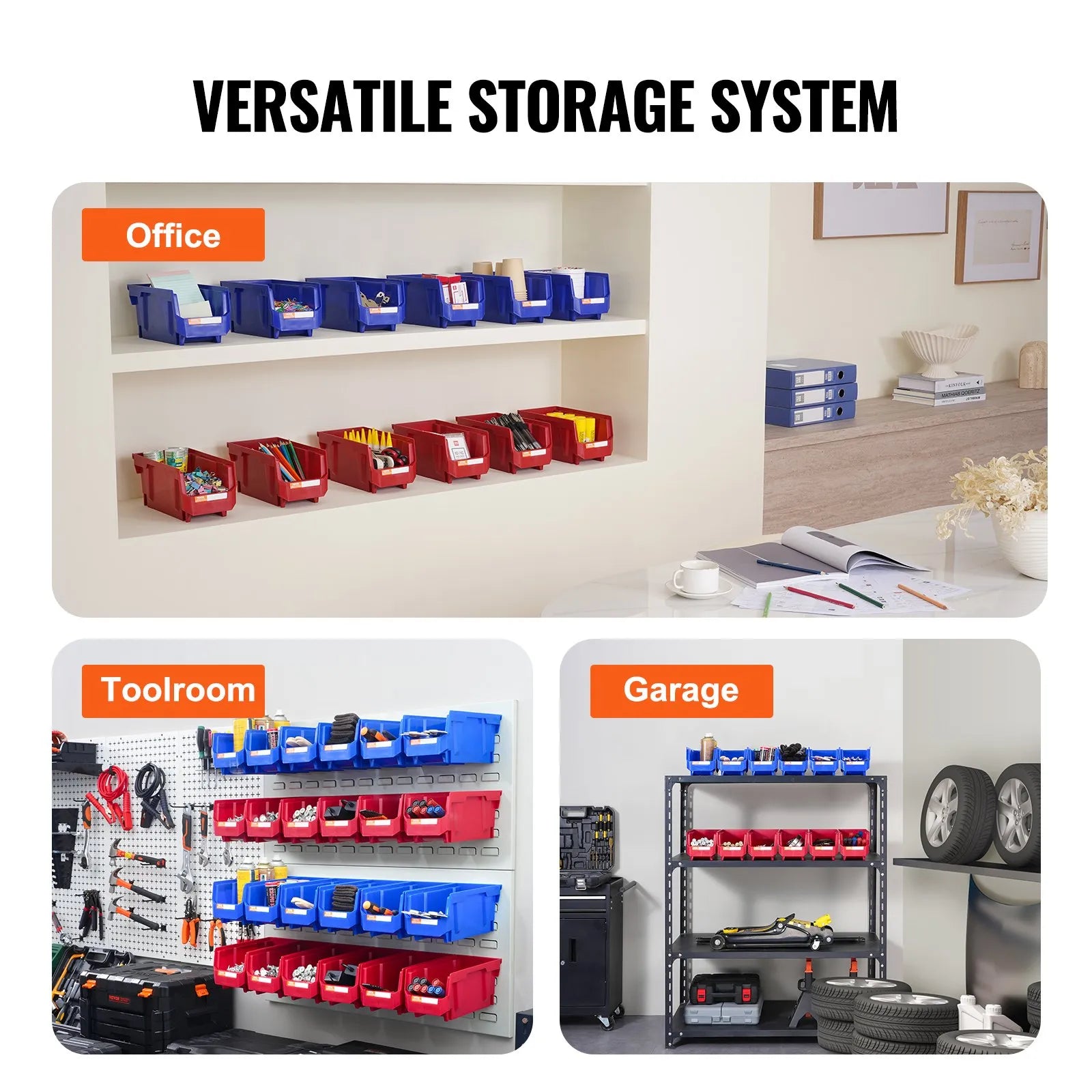 VEVOR plastmasas uzglabāšanas kastes 279 x 127 x 127 mm, piekarināmas un sakraujamas organizēšanas kastes, smagās klases uzglabāšanas konteineri skapim, virtuvei, birojam vai pieliekamajam, 12 gab., zila/sarkana