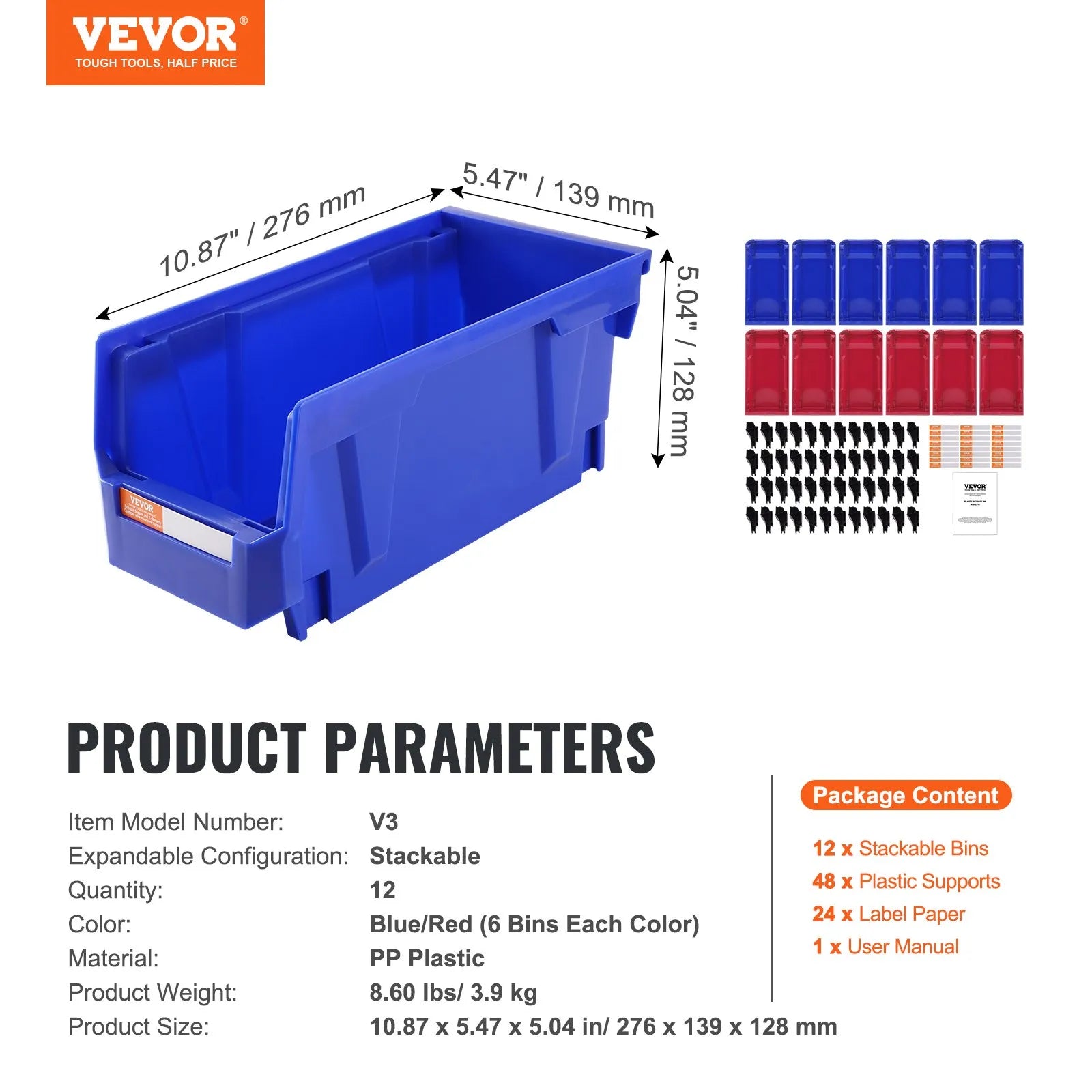 VEVOR plastmasas uzglabāšanas kastes 279 x 127 x 127 mm, piekarināmas un sakraujamas organizēšanas kastes, smagās klases uzglabāšanas konteineri skapim, virtuvei, birojam vai pieliekamajam, 12 gab., zila/sarkana