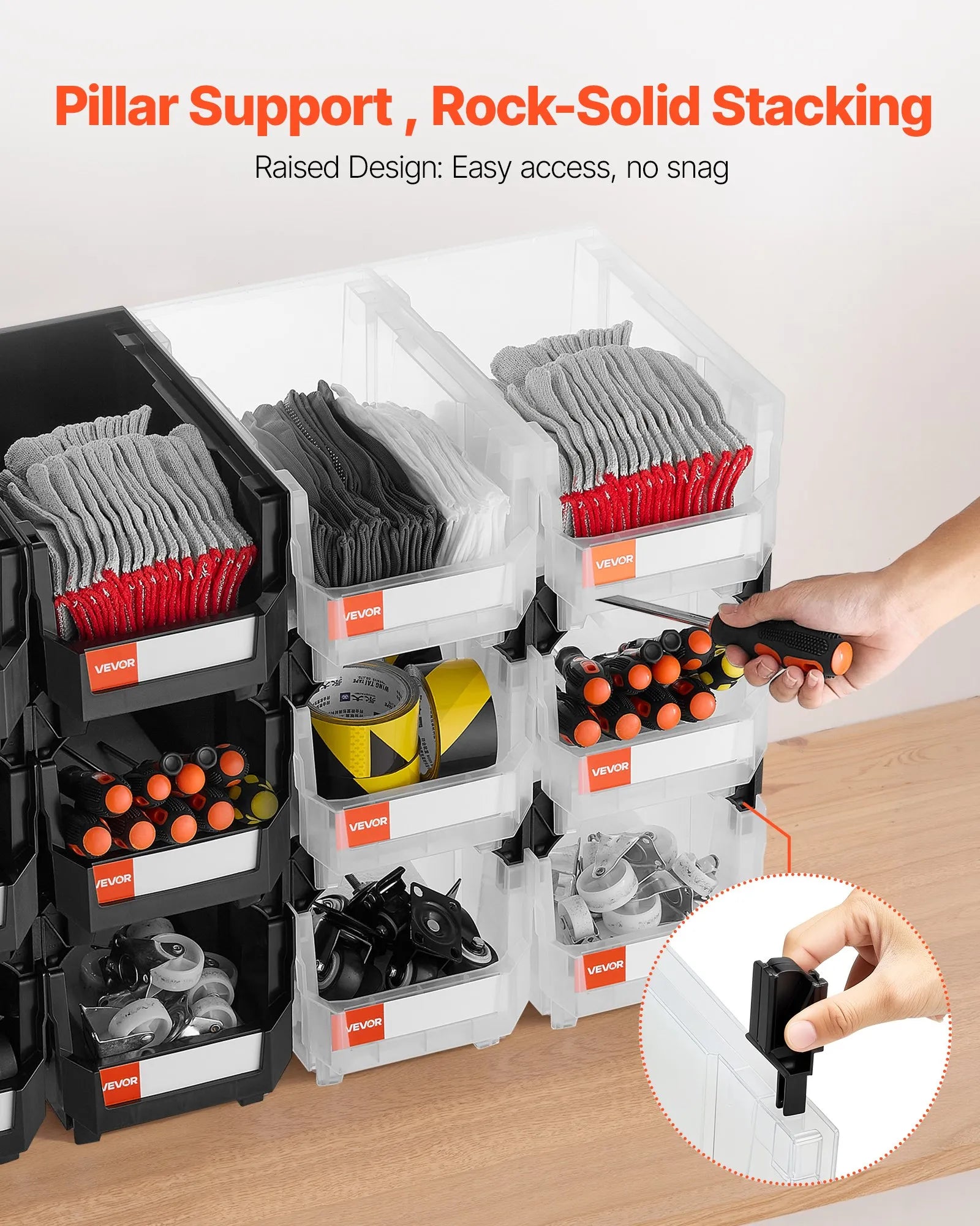 VEVOR sakraujamas plastmasas uzglabāšanas kastes 377 x 215 x 180 mm, konteineri garāžai, sīkām detaļām, biroja piederumiem un citiem aksesuāriem, 12 gab., melns / caurspīdīgs