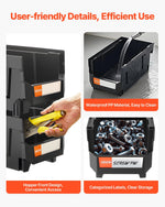 VEVOR sakraujamas plastmasas uzglabāšanas kastes 377 x 215 x 180 mm, konteineri garāžai, sīkām detaļām, biroja piederumiem un citiem aksesuāriem, 12 gab., melns / caurspīdīgs