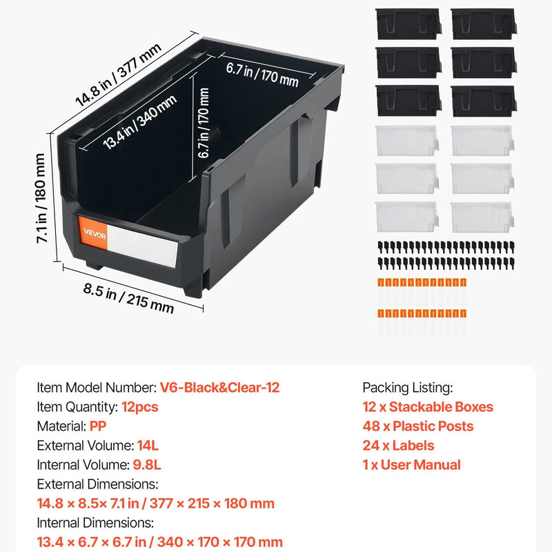 VEVOR sakraujamas plastmasas uzglabāšanas kastes 377 x 215 x 180 mm, konteineri garāžai, sīkām detaļām, biroja piederumiem un citiem aksesuāriem, 12 gab., melns / caurspīdīgs