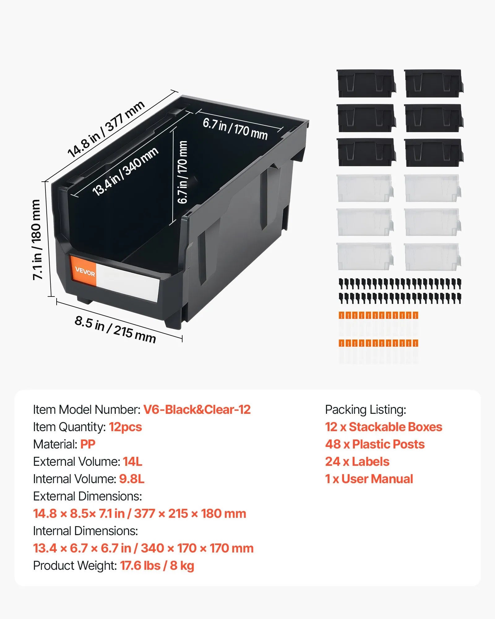 VEVOR sakraujamas plastmasas uzglabāšanas kastes 377 x 215 x 180 mm, konteineri garāžai, sīkām detaļām, biroja piederumiem un citiem aksesuāriem, 12 gab., melns / caurspīdīgs