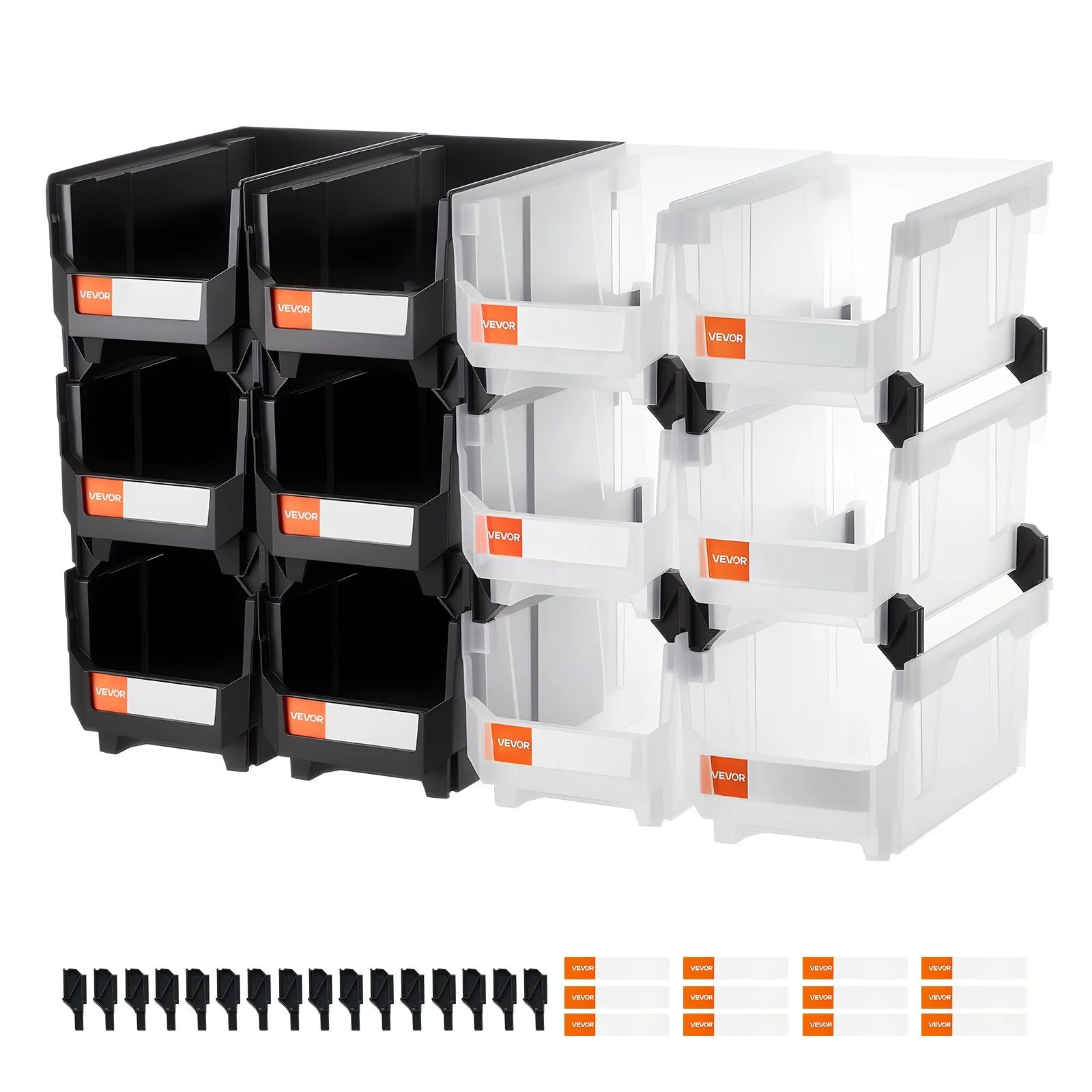 VEVOR sakraujamas plastmasas uzglabāšanas kastes 377 x 215 x 180 mm, konteineri garāžai, sīkām detaļām, biroja piederumiem un citiem aksesuāriem, 12 gab., melns / caurspīdīgs