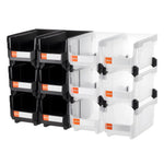 VEVOR sakraujamas plastmasas uzglabāšanas kastes 377 x 215 x 180 mm, konteineri garāžai, sīkām detaļām, biroja piederumiem un citiem aksesuāriem, 12 gab., melns / caurspīdīgs