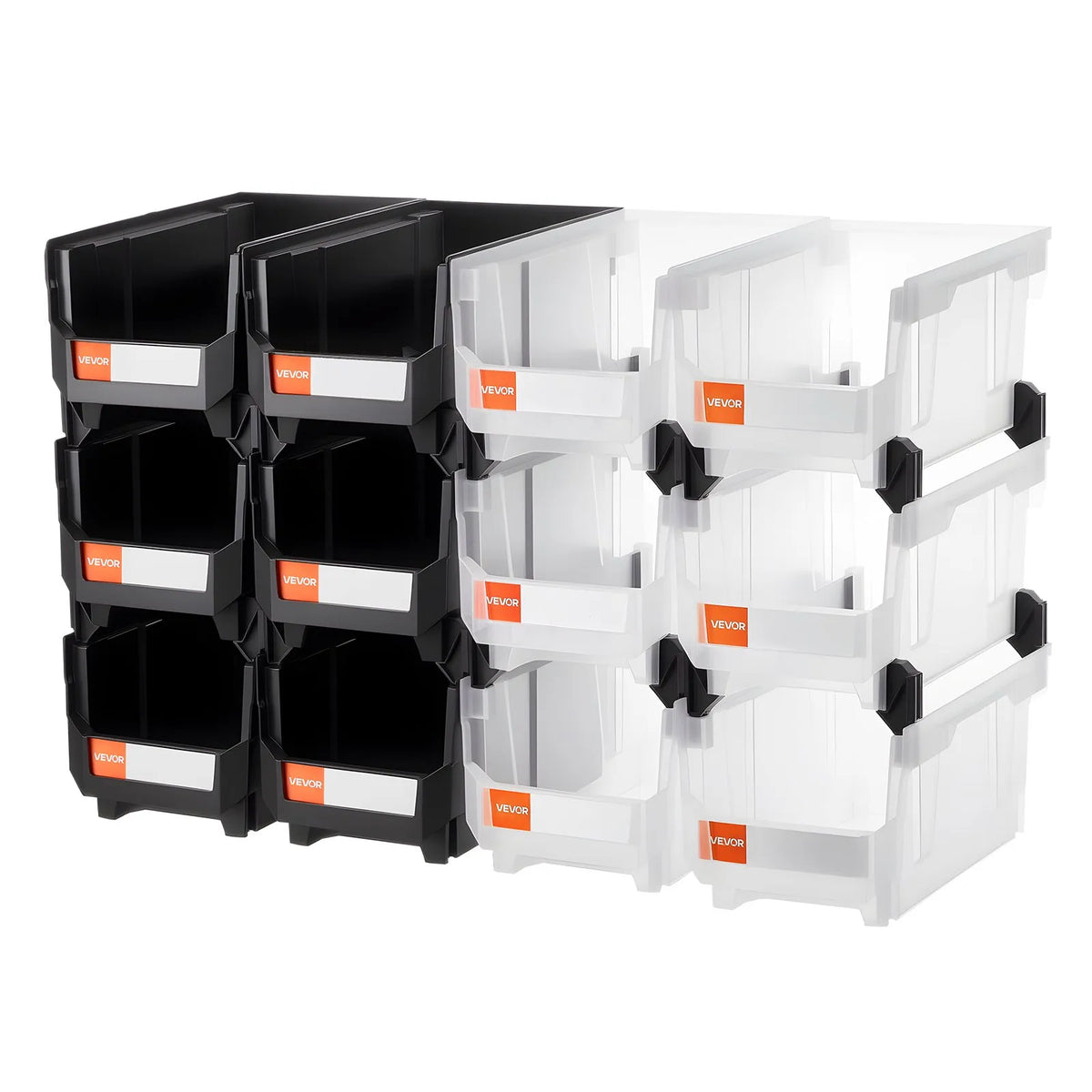 VEVOR sakraujamas plastmasas uzglabāšanas kastes 377 x 215 x 180 mm, konteineri garāžai, sīkām detaļām, biroja piederumiem un citiem aksesuāriem, 12 gab., melns / caurspīdīgs