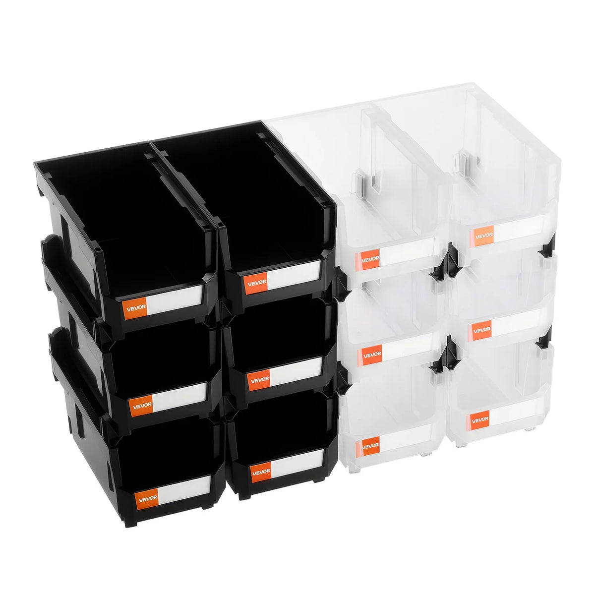 VEVOR sakraujamas plastmasas uzglabāšanas kastes 377 x 215 x 180 mm, konteineri garāžai, sīkām detaļām, biroja piederumiem un citiem aksesuāriem, 12 gab., melns / caurspīdīgs