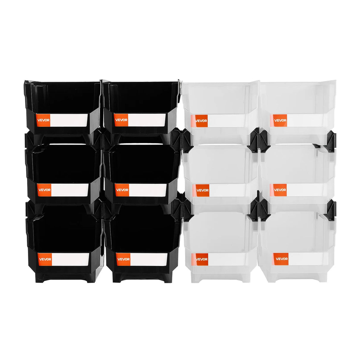 VEVOR sakraujamas plastmasas uzglabāšanas kastes 377 x 215 x 180 mm, konteineri garāžai, sīkām detaļām, biroja piederumiem un citiem aksesuāriem, 12 gab., melns / caurspīdīgs