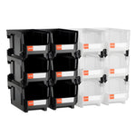 VEVOR sakraujamas plastmasas uzglabāšanas kastes 377 x 215 x 180 mm, konteineri garāžai, sīkām detaļām, biroja piederumiem un citiem aksesuāriem, 12 gab., melns / caurspīdīgs