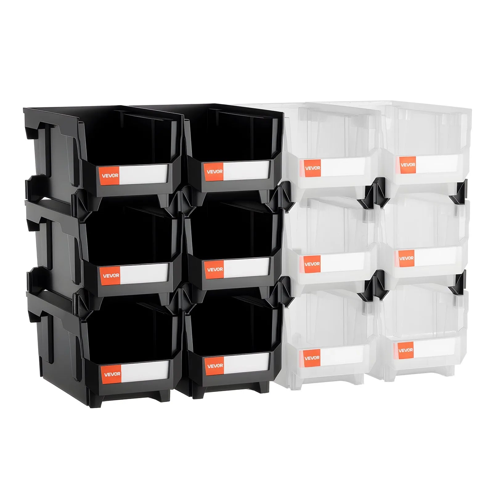 VEVOR sakraujamas plastmasas uzglabāšanas kastes 377 x 215 x 180 mm, konteineri garāžai, sīkām detaļām, biroja piederumiem un citiem aksesuāriem, 12 gab., melns / caurspīdīgs