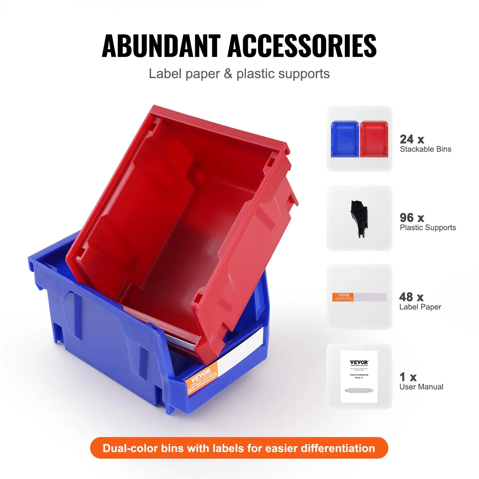 VEVOR plastmasas uzglabāšanas kastes 127 x 102 x 76 mm, piekarināmas un sakraujamas organizēšanas kastes, smagās klases uzglabāšanas konteineri skapim, virtuvei, birojam vai pieliekamajam, 24 gab., zila/sarkana