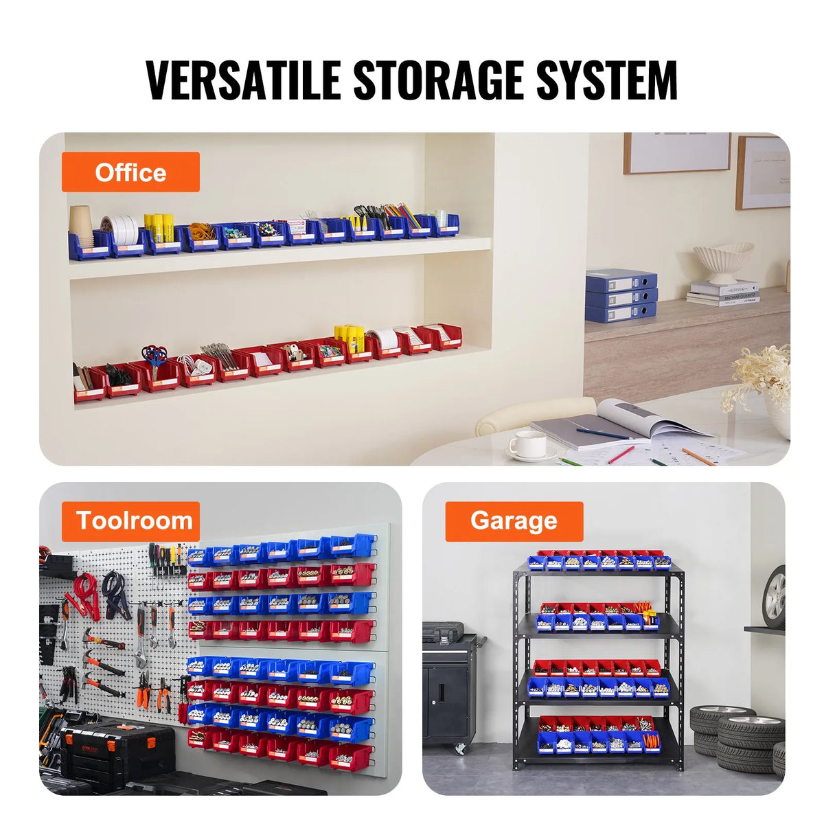 VEVOR plastmasas uzglabāšanas kastes 127 x 102 x 76 mm, piekarināmas un sakraujamas organizēšanas kastes, smagās klases uzglabāšanas konteineri skapim, virtuvei, birojam vai pieliekamajam, 24 gab., zila/sarkana
