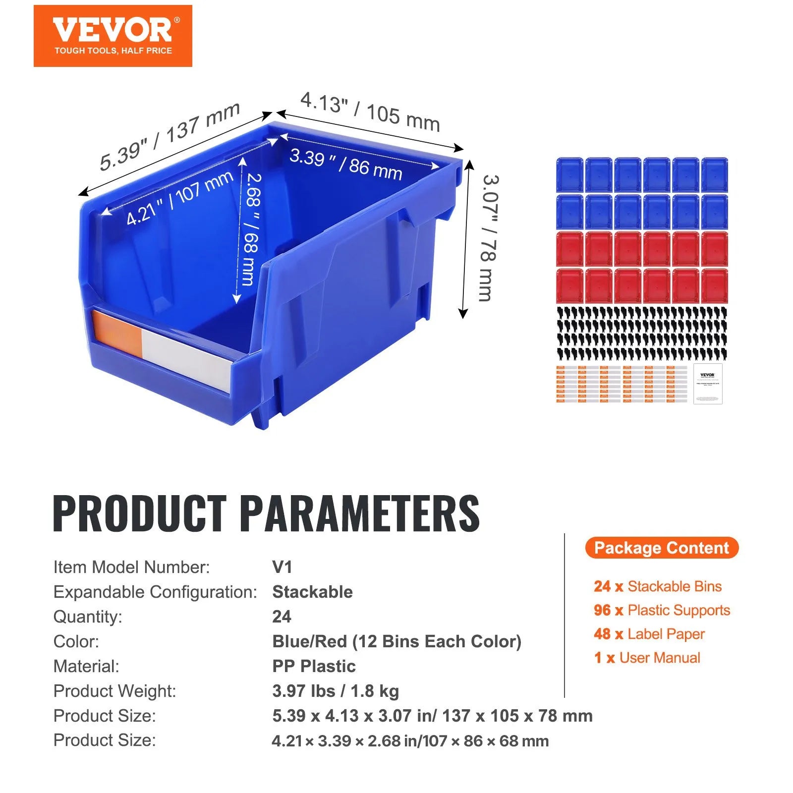 VEVOR plastmasas uzglabāšanas kastes 127 x 102 x 76 mm, piekarināmas un sakraujamas organizēšanas kastes, smagās klases uzglabāšanas konteineri skapim, virtuvei, birojam vai pieliekamajam, 24 gab., zila/sarkana