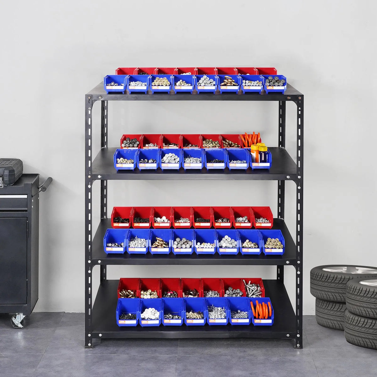 VEVOR plastmasas uzglabāšanas kastes 127 x 102 x 76 mm, piekarināmas un sakraujamas organizēšanas kastes, smagās klases uzglabāšanas konteineri skapim, virtuvei, birojam vai pieliekamajam, 24 gab., zila/sarkana